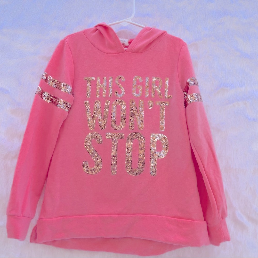 Btween‎ | Pink & Gold Sequin 'This Girl Won't Stop' Hi-Low Hoodie - Girls